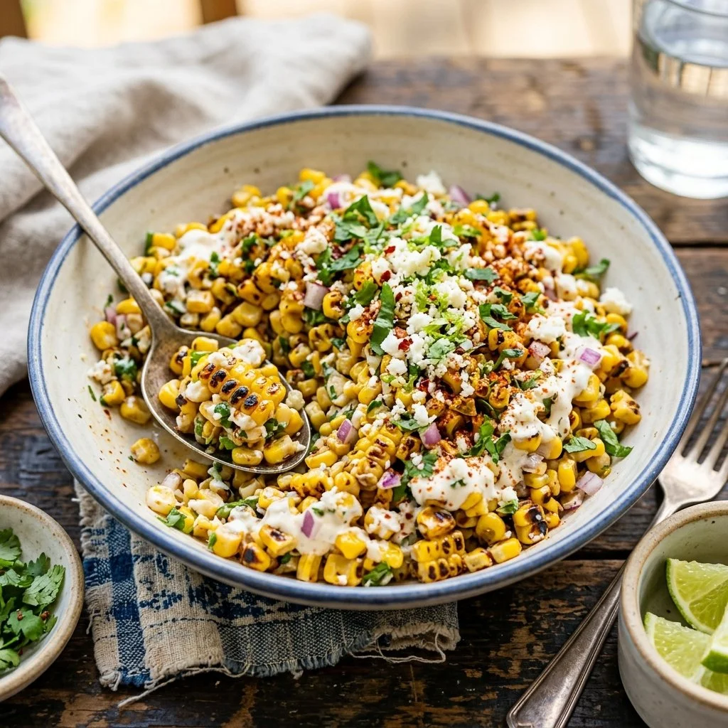 Mexican Street Corn Salad with cilantro, cheese, and lime in a colorful bowl
