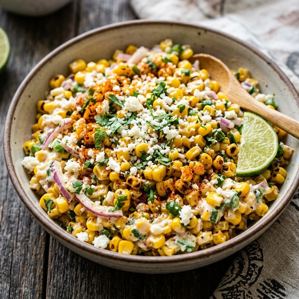 Delicious Mexican street corn salad with corn, cheese, and spices
