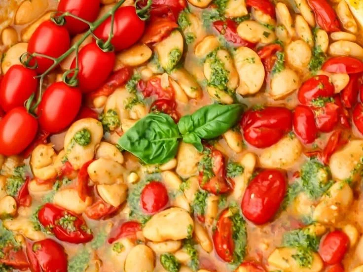 Plate of Minute Vegan Butter Beans with Garlicky Tomato Pesto garnished with fresh herbs