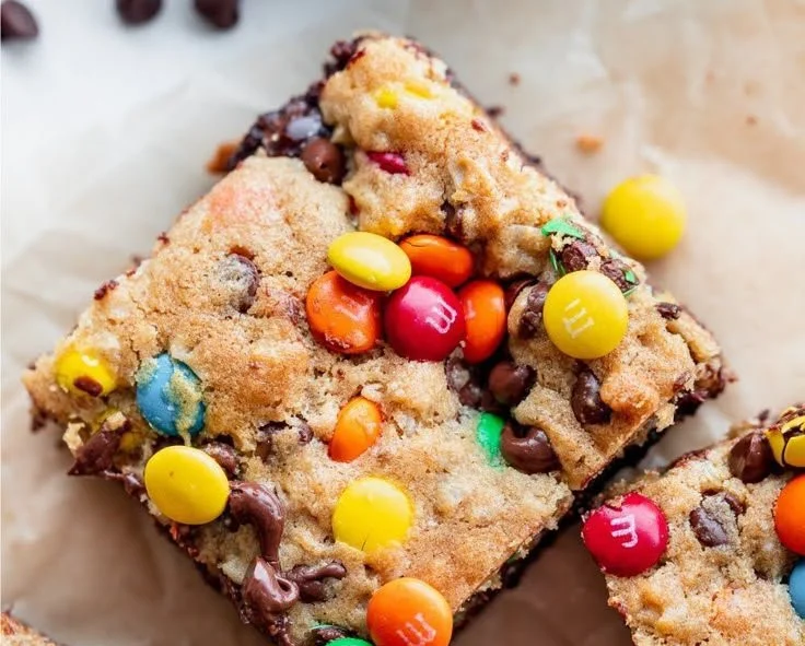 Delicious Monster Cookie Brownies with colorful toppings and chocolate chips