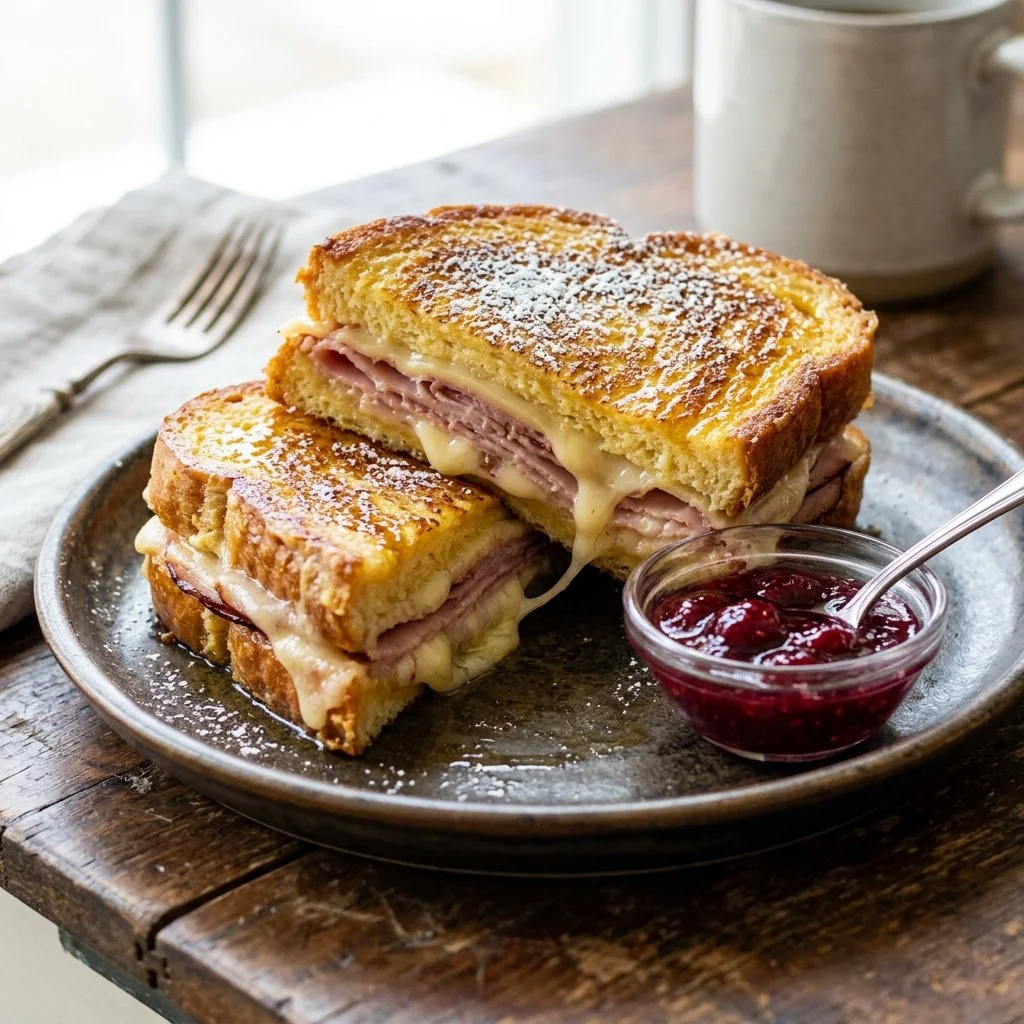Delicious Monte Cristo sandwich with ham, turkey, and cheese, served hot.