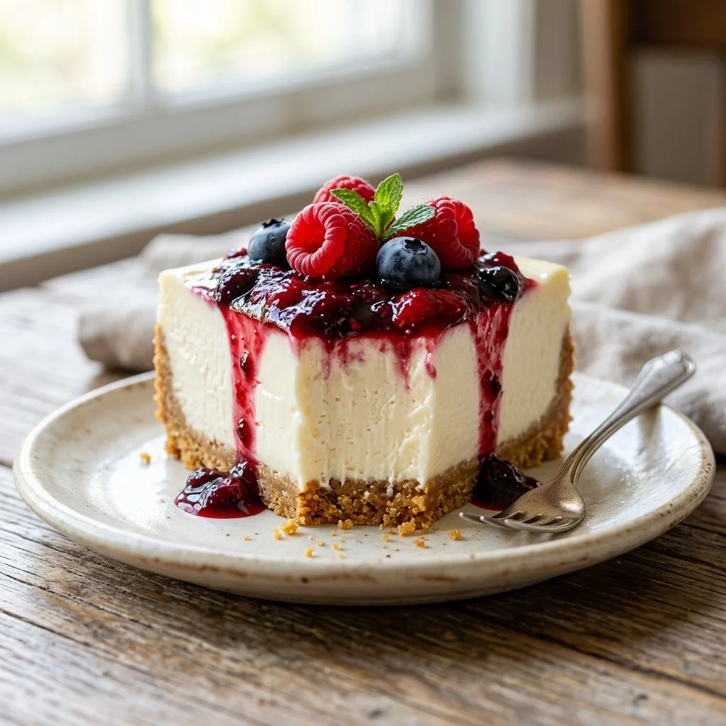 Delicious no bake cheesecake topped with fresh berries on a white plate
