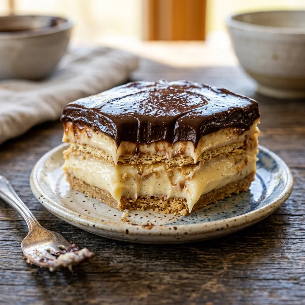 No Bake Eclair Cake made with layers of cream and chocolate on a platter