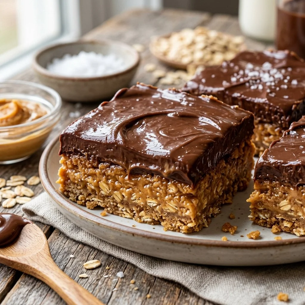 Delicious no-bake peanut butter bars topped with chocolate and nuts.