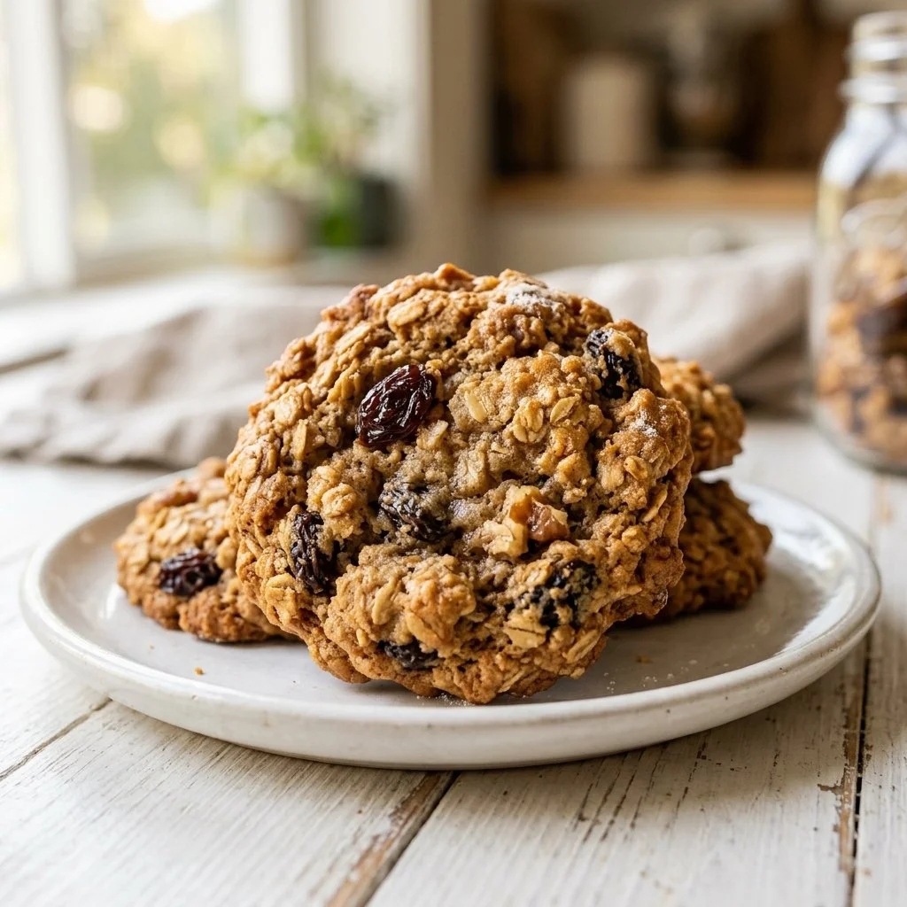 Deliciously baked oatmeal raisin cookies featuring oats and plump raisins.