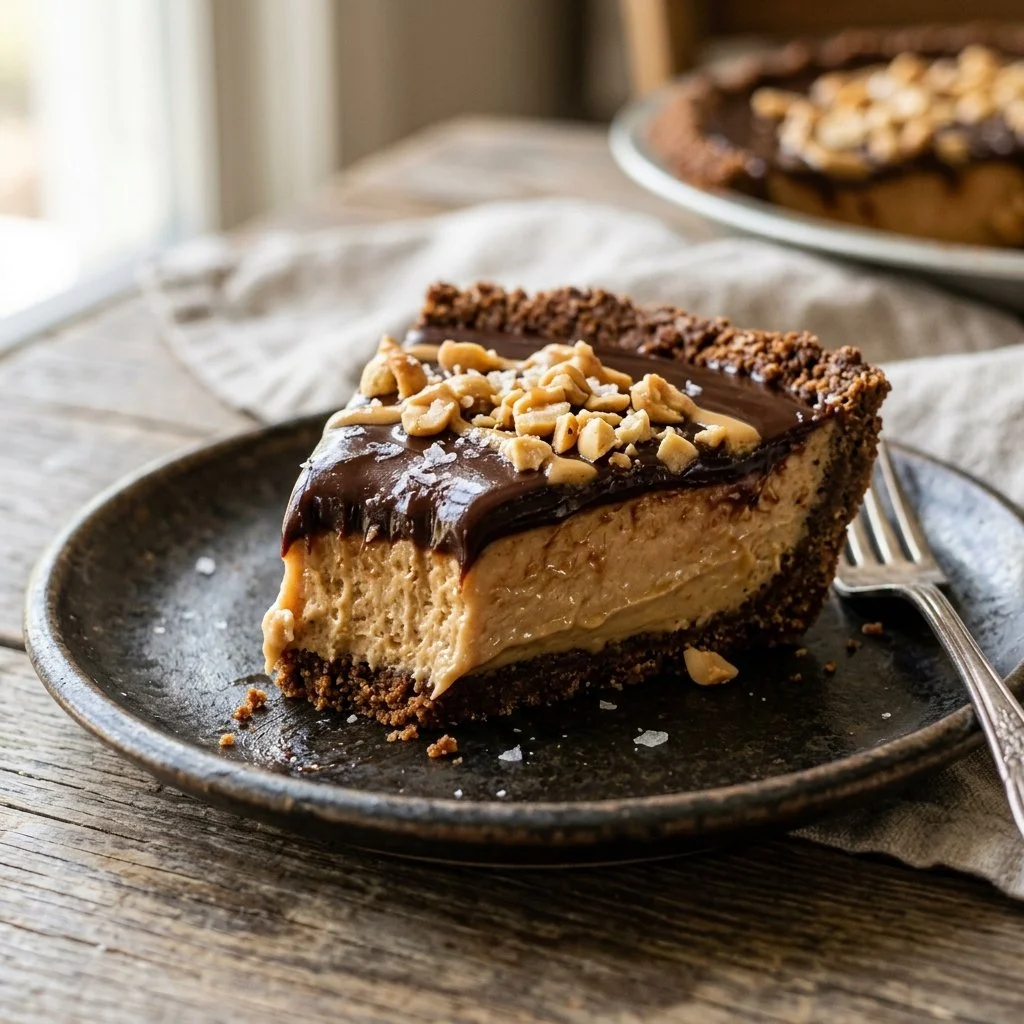 Delicious old fashioned peanut butter pie with creamy filling and graham cracker crust