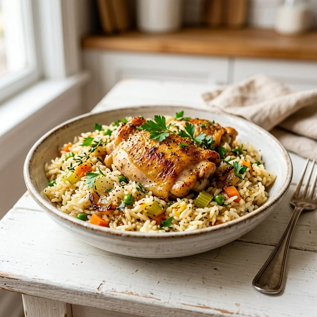 A delicious one pot chicken and rice dish served in a skillet