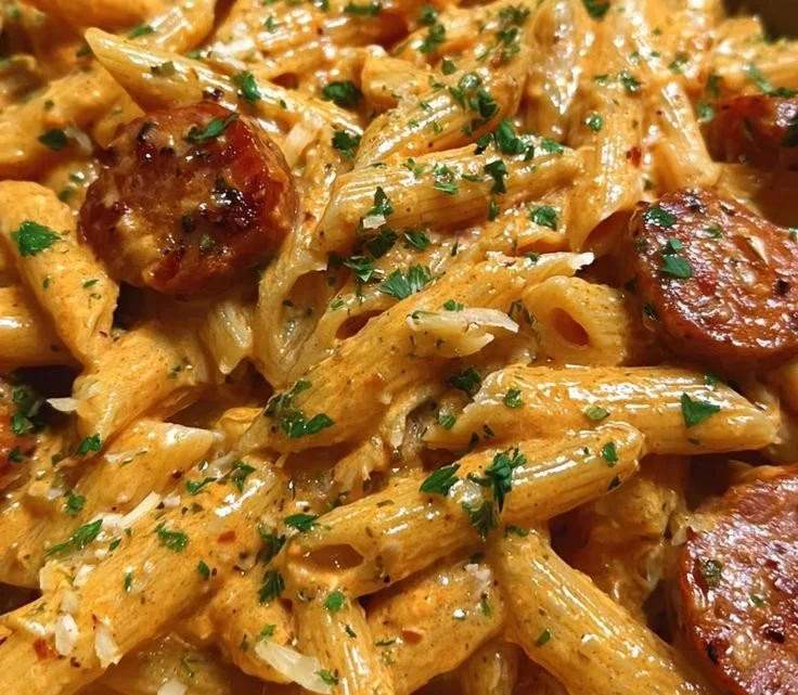 Creamy Cajun sausage pasta served in a bowl with fresh herbs