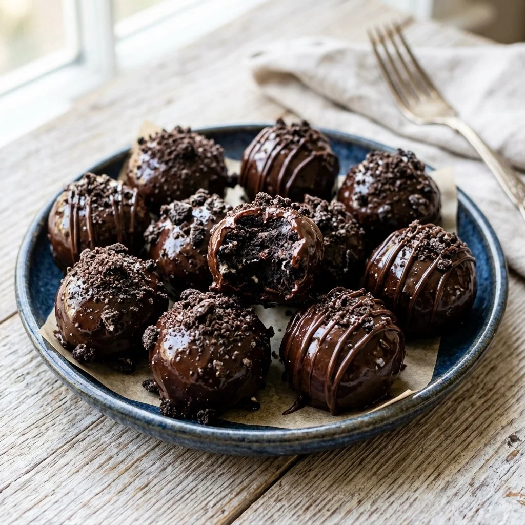 Delicious homemade Oreo Truffles topped with chocolate sprinkles.