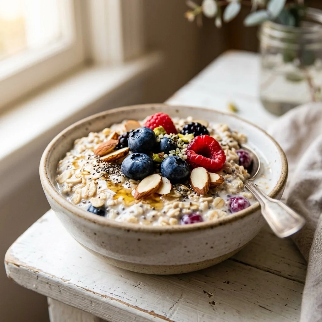 Healthy overnight oats recipe with fruits and nuts in a jar