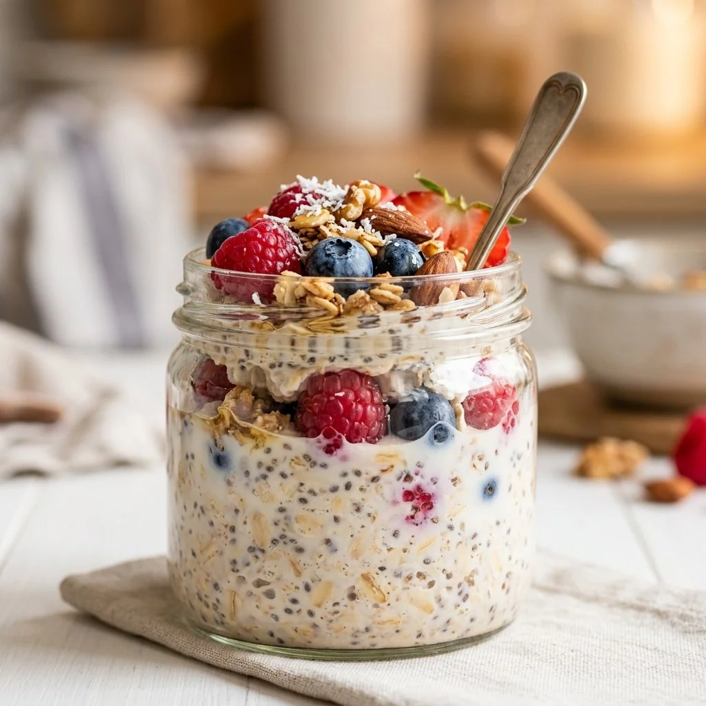 Delicious bowl of overnight oats topped with fresh fruits and nuts