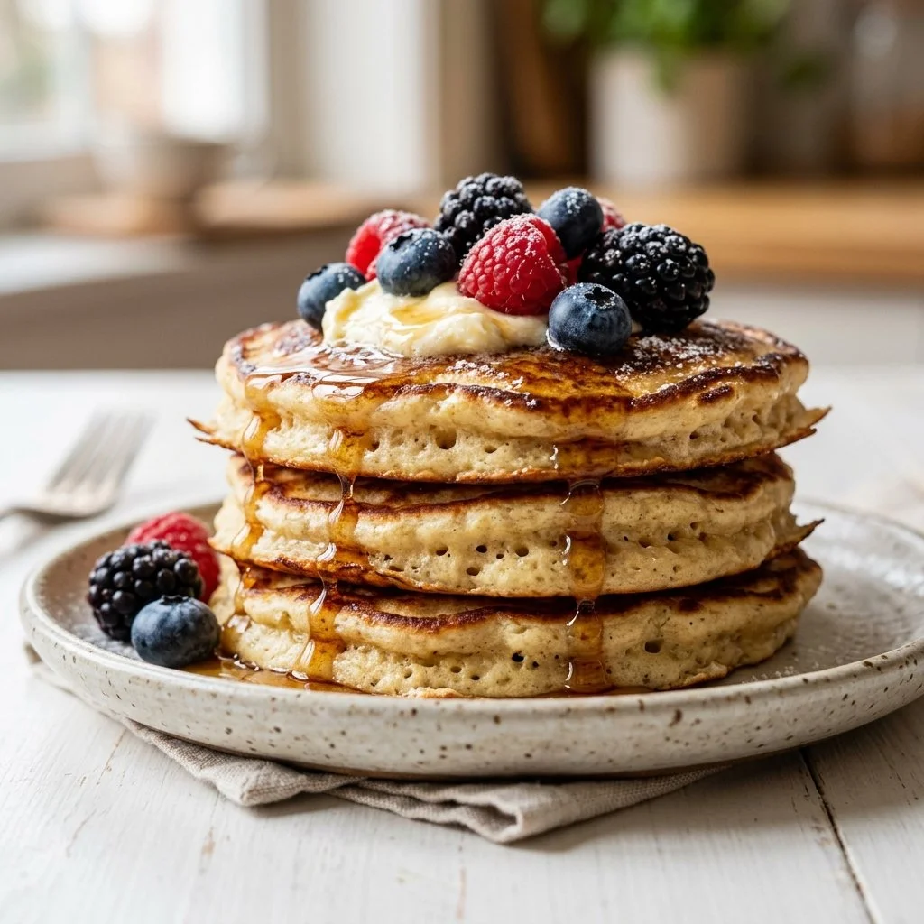 Delicious stack of fluffy pancakes topped with syrup and fresh berries.