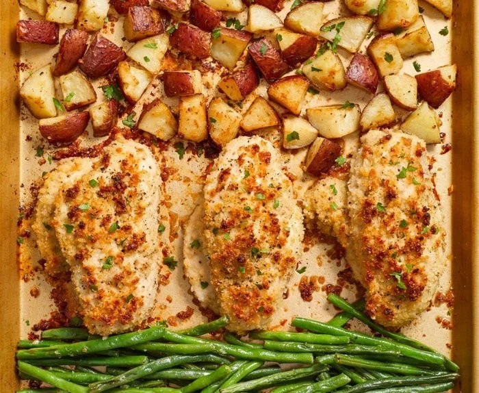Parmesan Crusted Chicken sheet pan dinner with vegetables and herbs