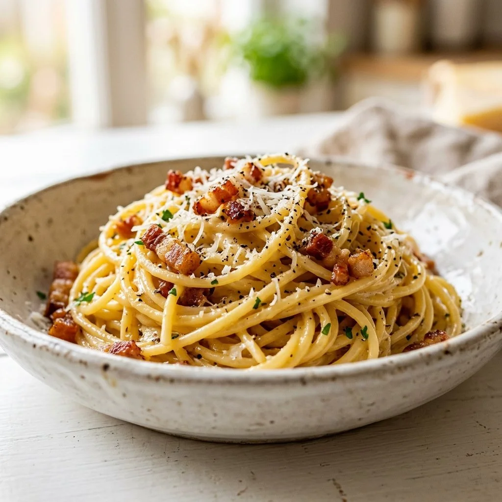 Delicious Pasta Carbonara served with cheese and pepper in a white bowl