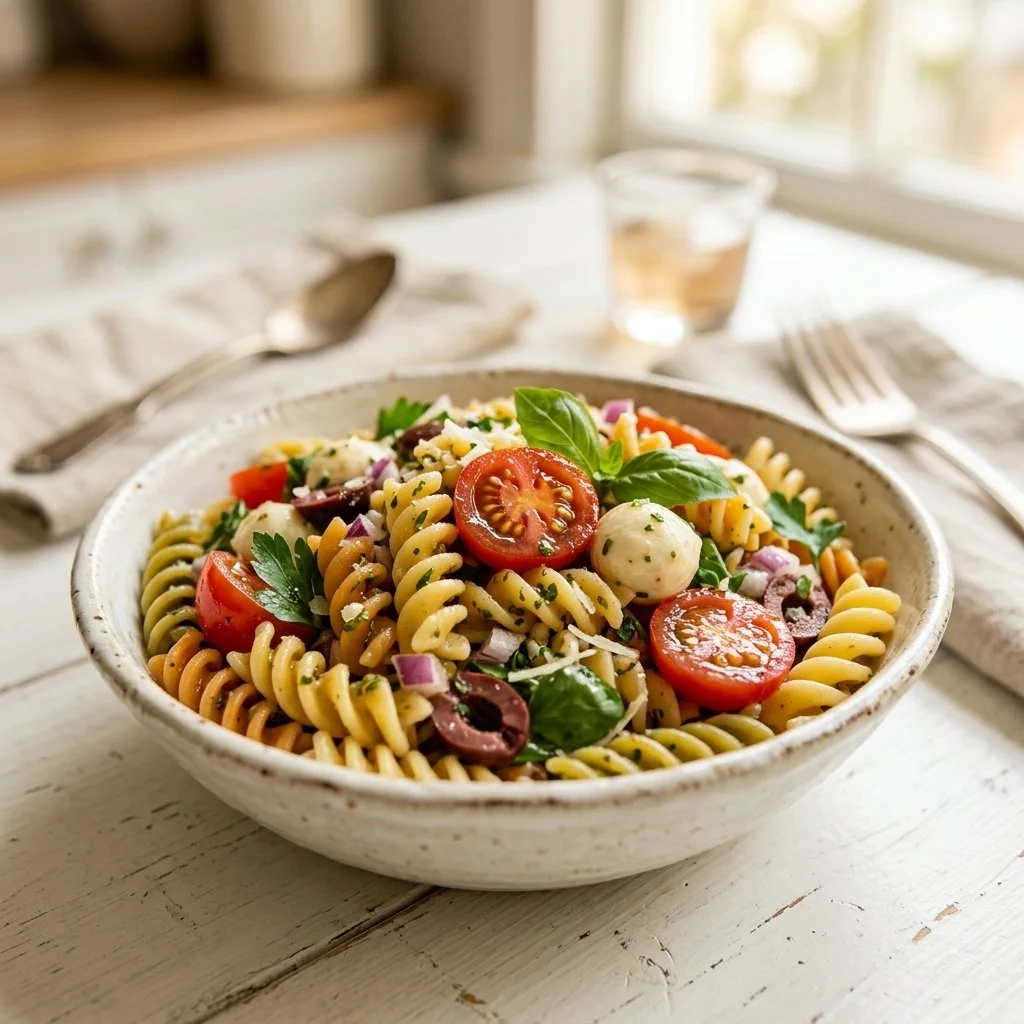 Colorful pasta salad with vegetables in a bowl, ideal for summer meals