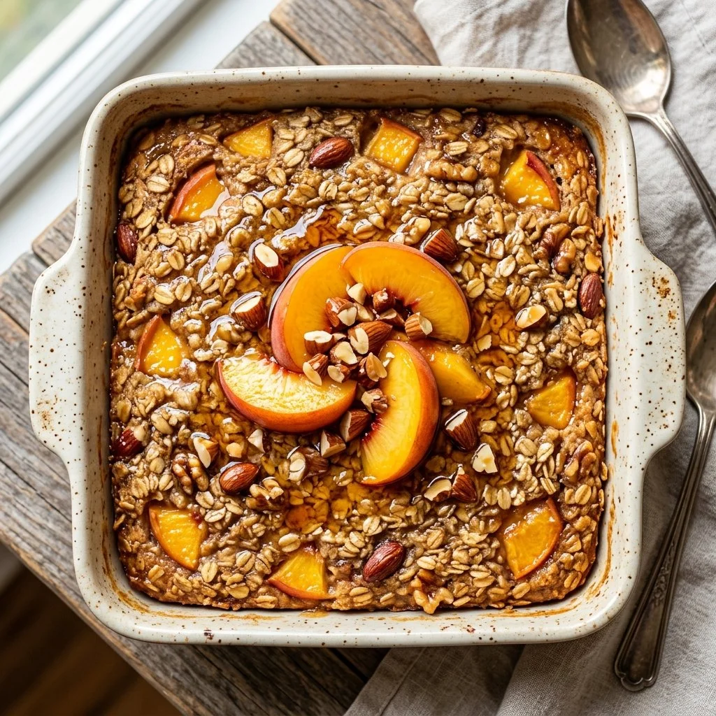 Delicious Peach Baked Oatmeal topped with fresh peaches and nuts