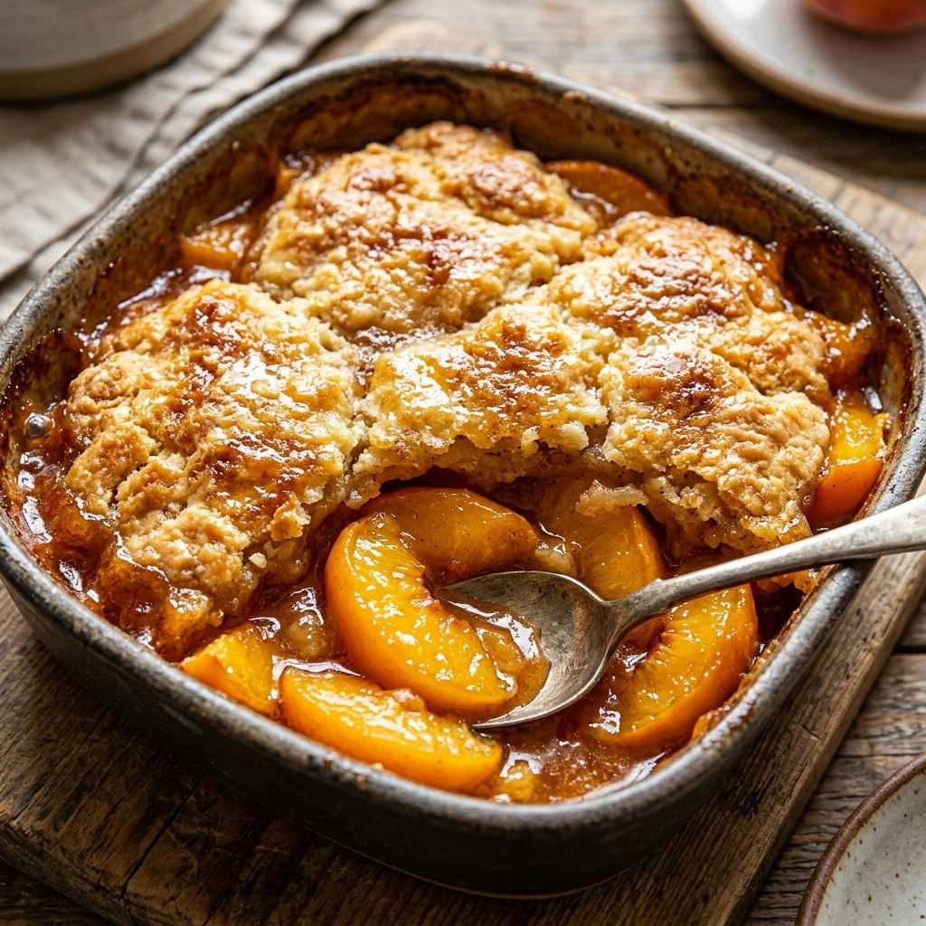 Freshly baked peach cobbler with golden crust and sweet peach filling
