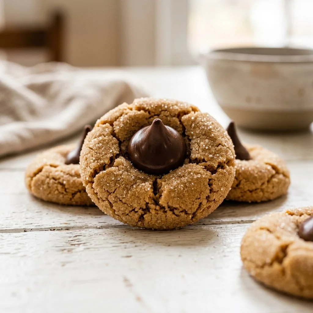 Plate of homemade peanut butter blossoms cookies with chocolate kisses on top.