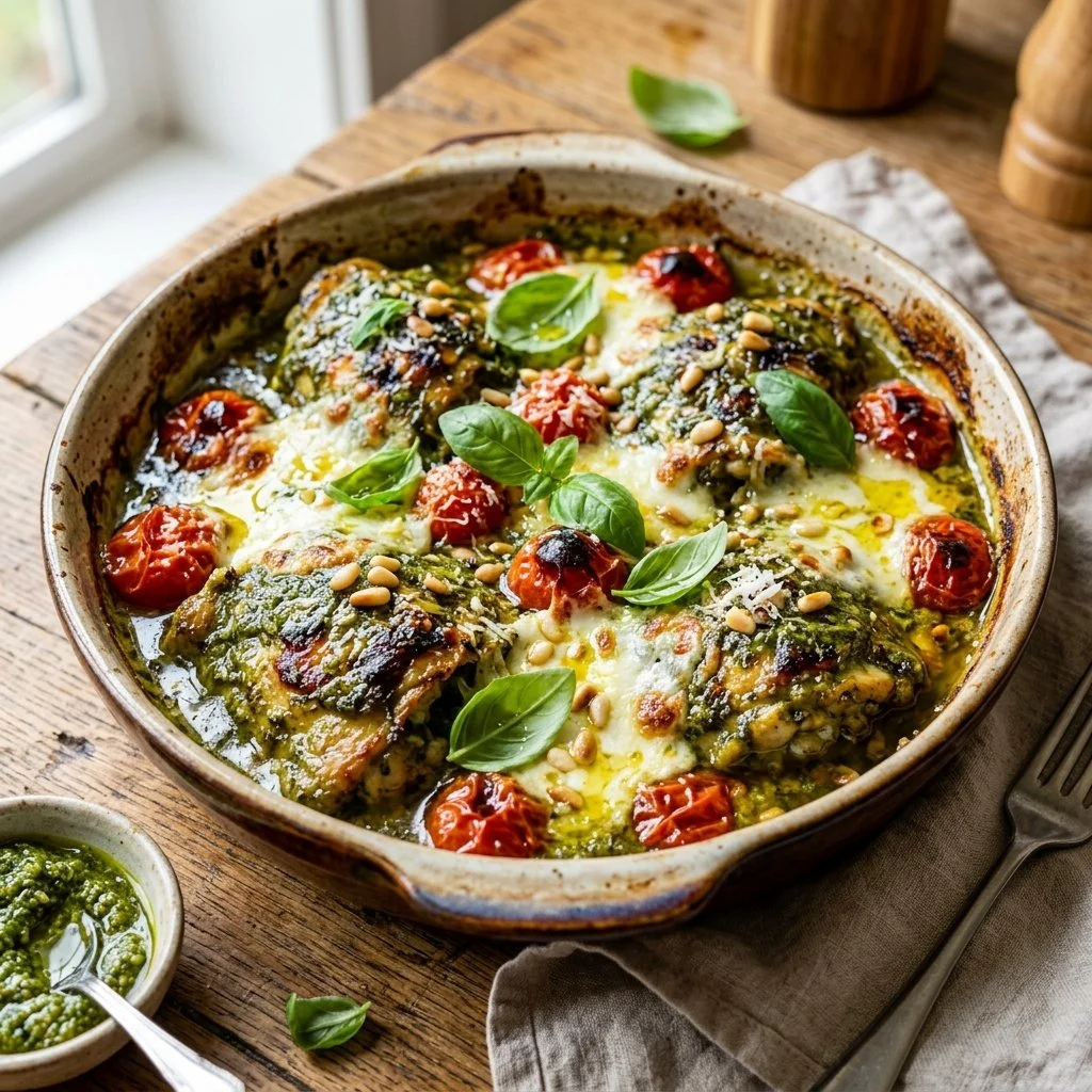 Baked pesto chicken served with fresh herbs and vegetables