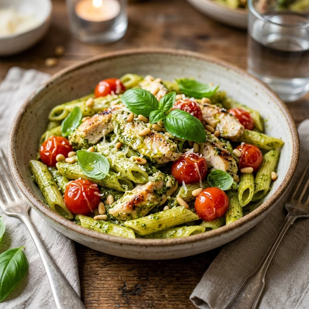 A plate of Pesto Chicken Pasta garnished with fresh basil and pine nuts