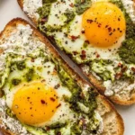 Delicious pesto eggs served on a plate with fresh herbs