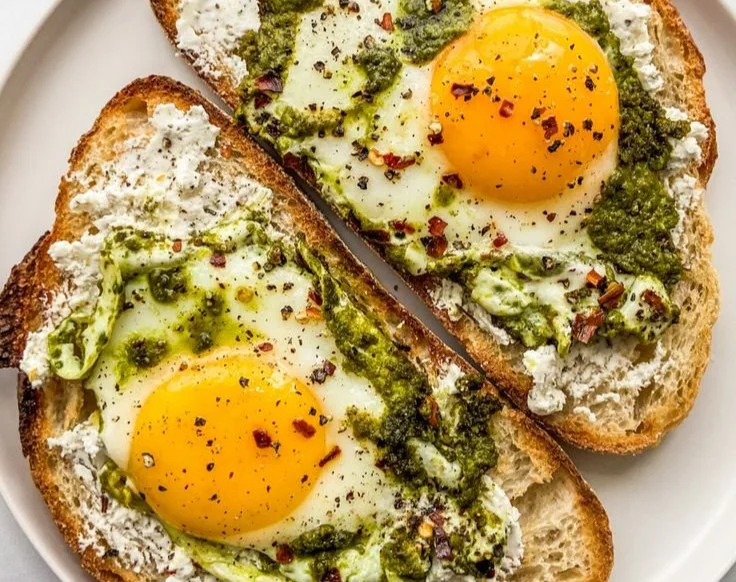 Delicious pesto eggs served on a plate with fresh herbs