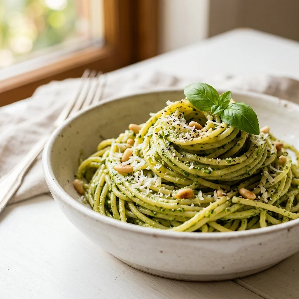 Delicious homemade pesto pasta topped with fresh basil and parmesan cheese.