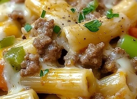 Bowl of Philly cheesesteak pasta garnished with parsley and cheese