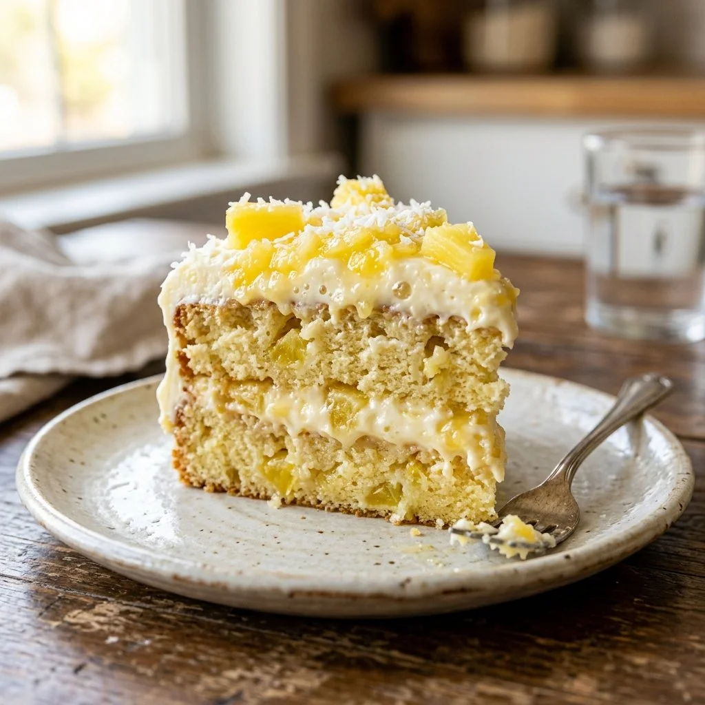 Deliciously moist Pineapple Dream Cake topped with creamy frosting and pineapple slices