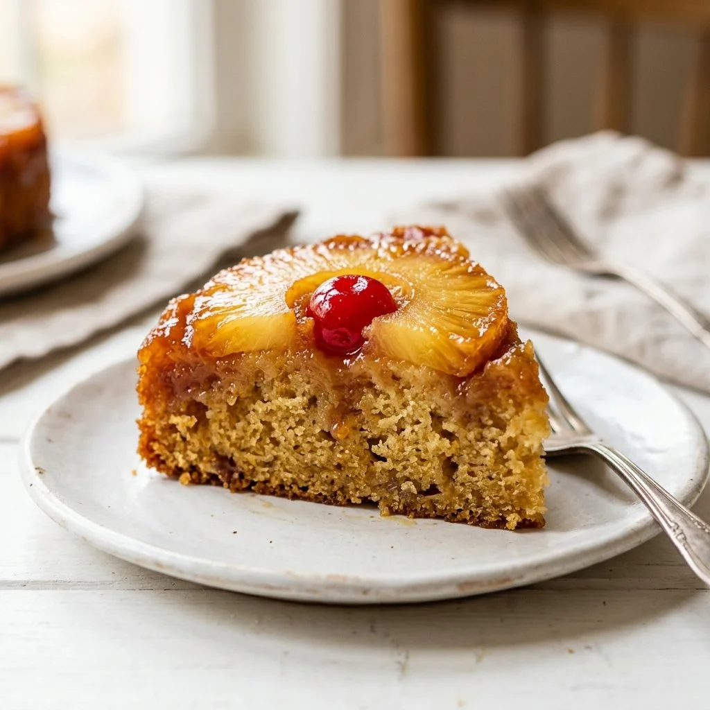 Delicious homemade pineapple upside down cake topped with caramelized pineapple slices.