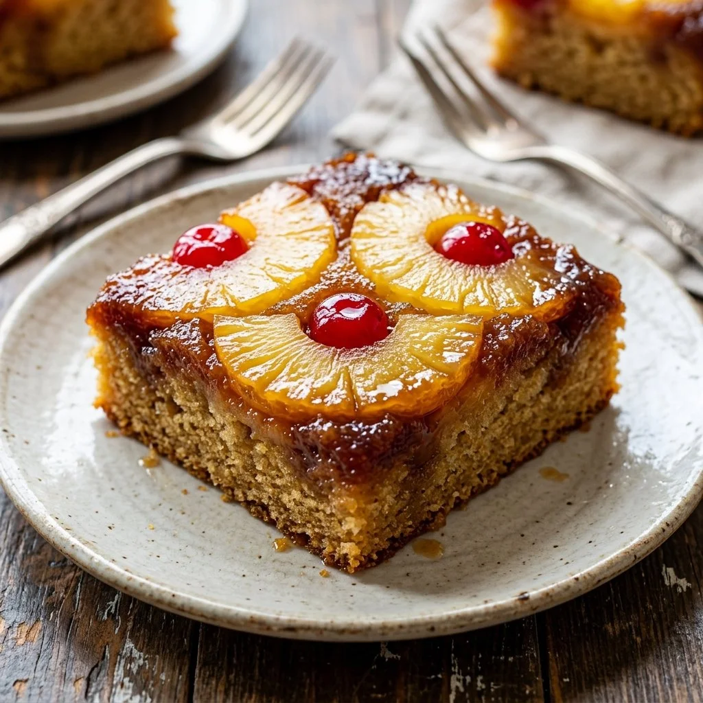 Delicious Pineapple Upside Down Cake topped with caramelized pineapple slices.