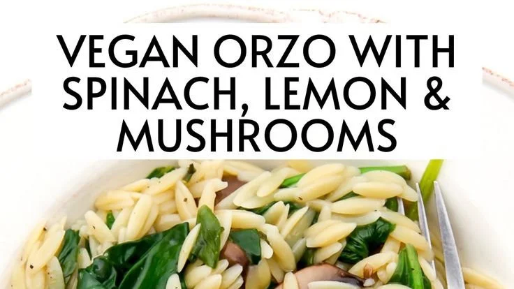 Plant-based orzo risotto served in a bowl with fresh herbs and vegetables