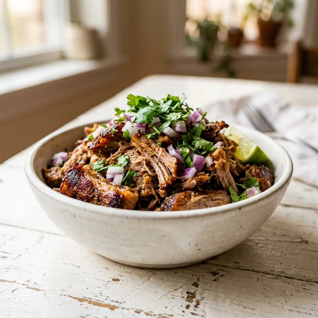 Delicious Pork Carnitas served in a taco with fresh toppings