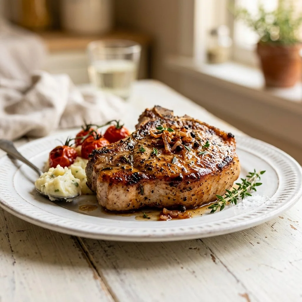 Juicy grilled pork chops served with fresh herbs and sides