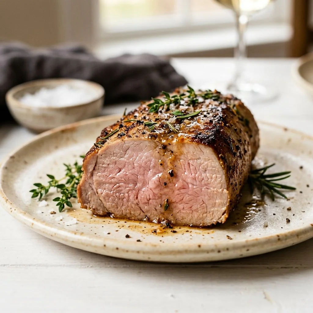 Juicy pork tenderloin served with herbs and spices on a plate