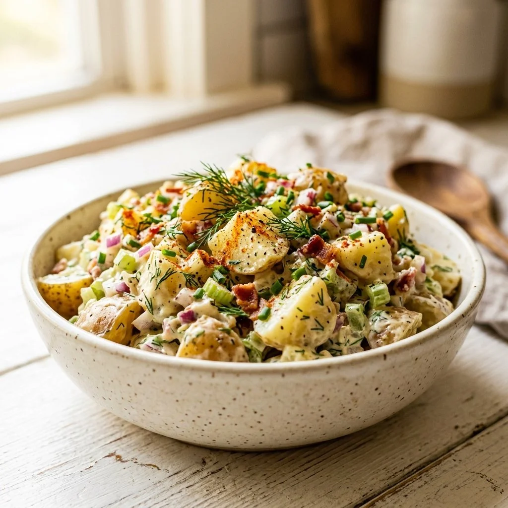 Delicious homemade potato salad in a bowl