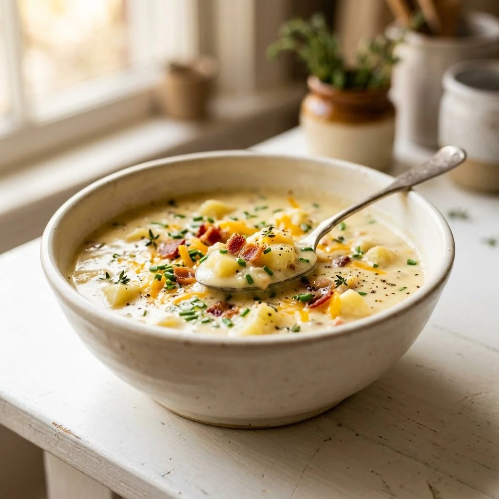 Delicious homemade potato soup garnished with chives and served in a bowl.