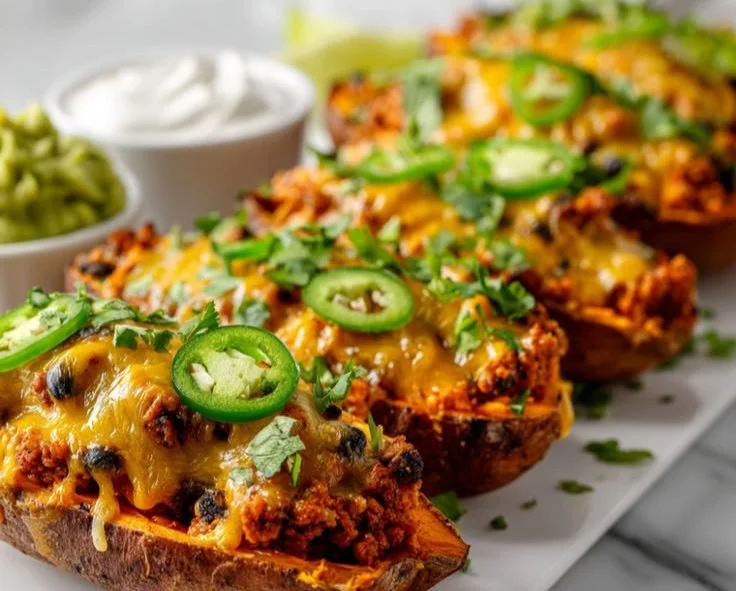 Protein loaded sweet potato boats, a healthy and delicious meal option.