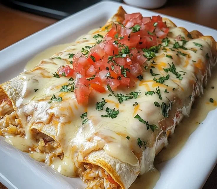 Delicious queso chicken enchiladas served on a plate with toppings
