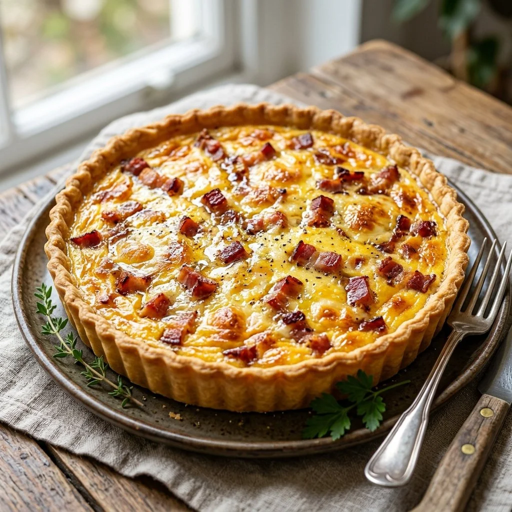 Delicious Quiche Lorraine with bacon, cheese, and a golden crust