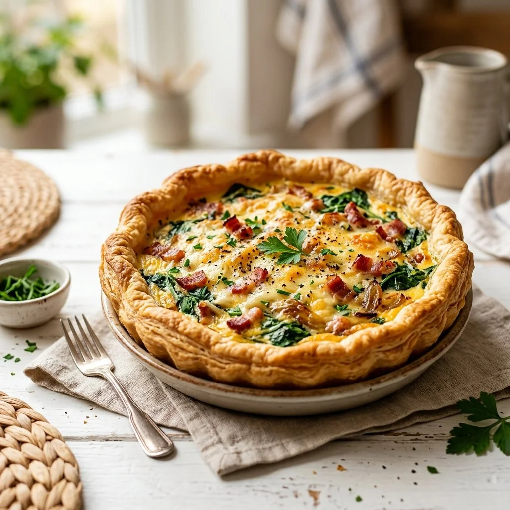 Delicious homemade quiche with a flaky crust and filled with fresh ingredients