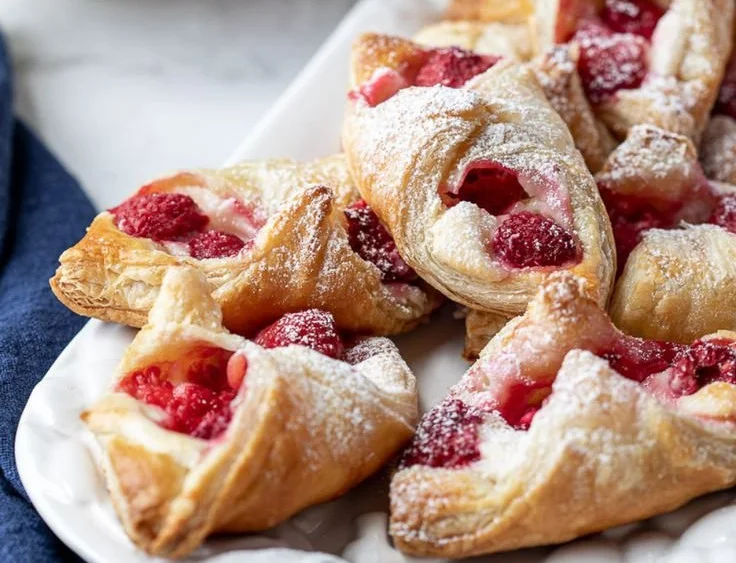 Freshly baked raspberry Danish pastry with flaky layers and sweet raspberry filling