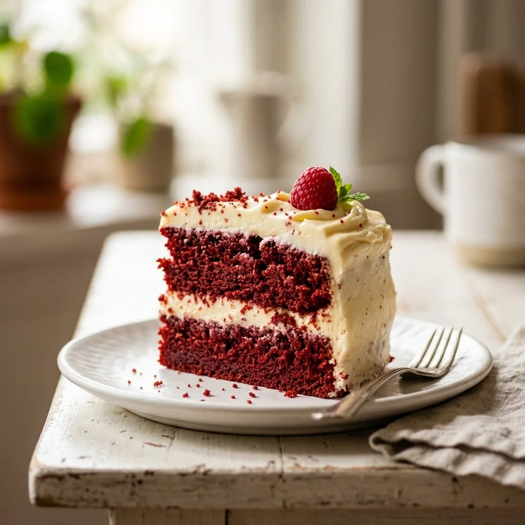 Delicious slice of red velvet cake with cream cheese frosting on a decorative plate.