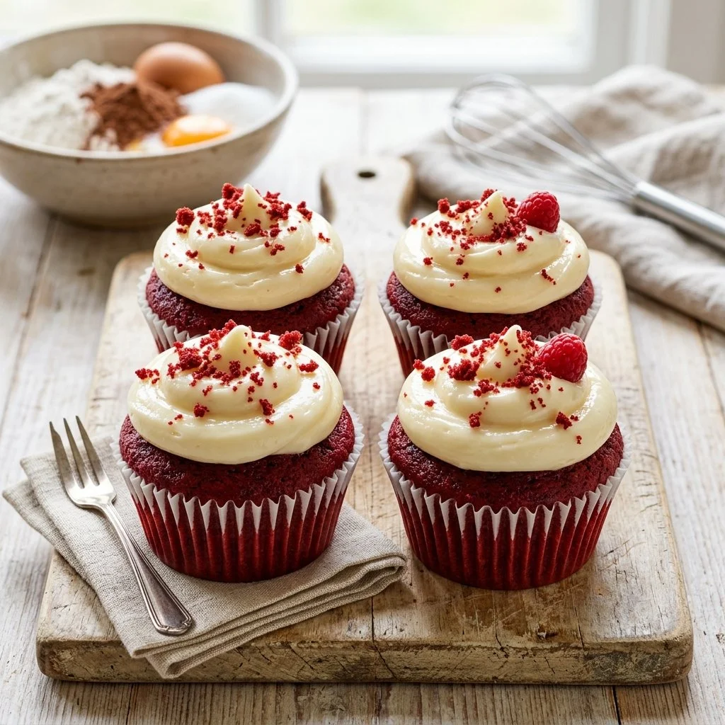 Delicious red velvet cupcakes with cream cheese frosting on a decorative plate