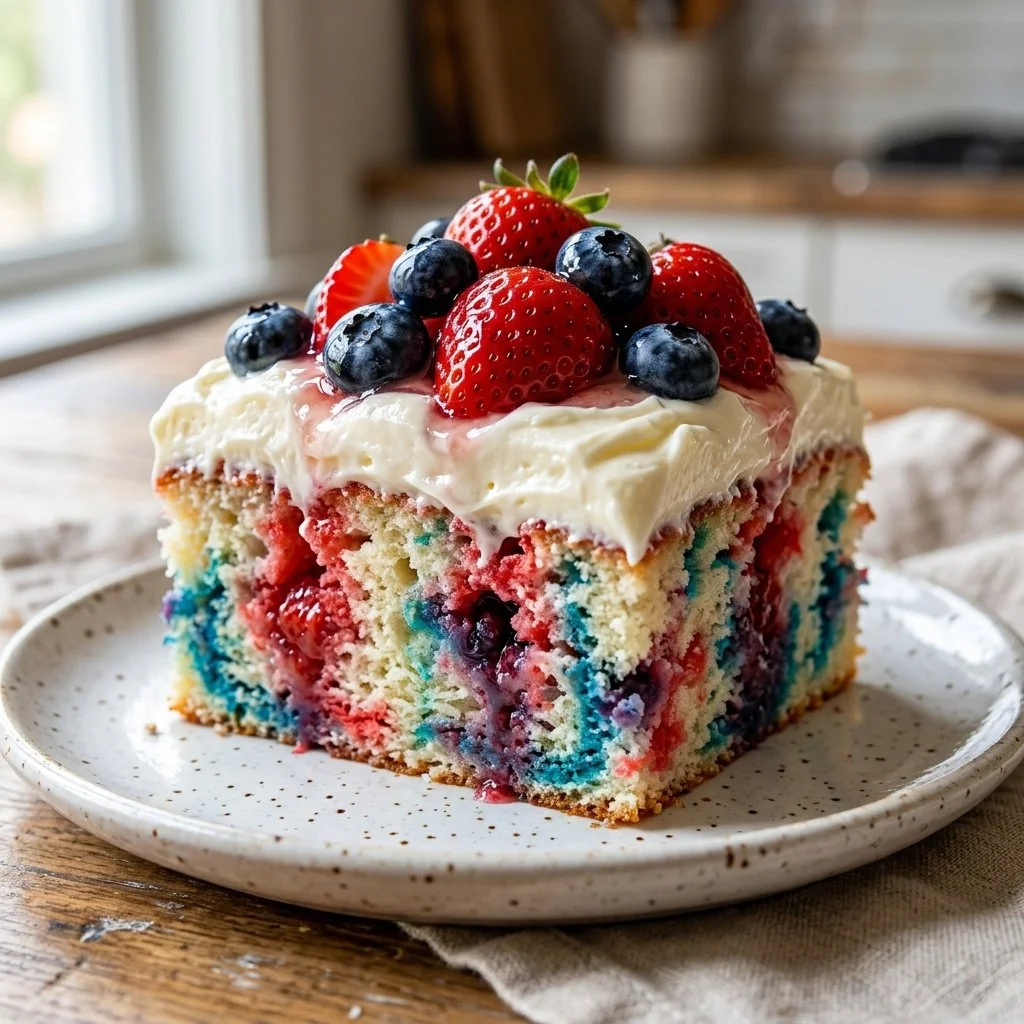 Delicious Red White and Blue Poke Cake with vibrant colors and festive presentation