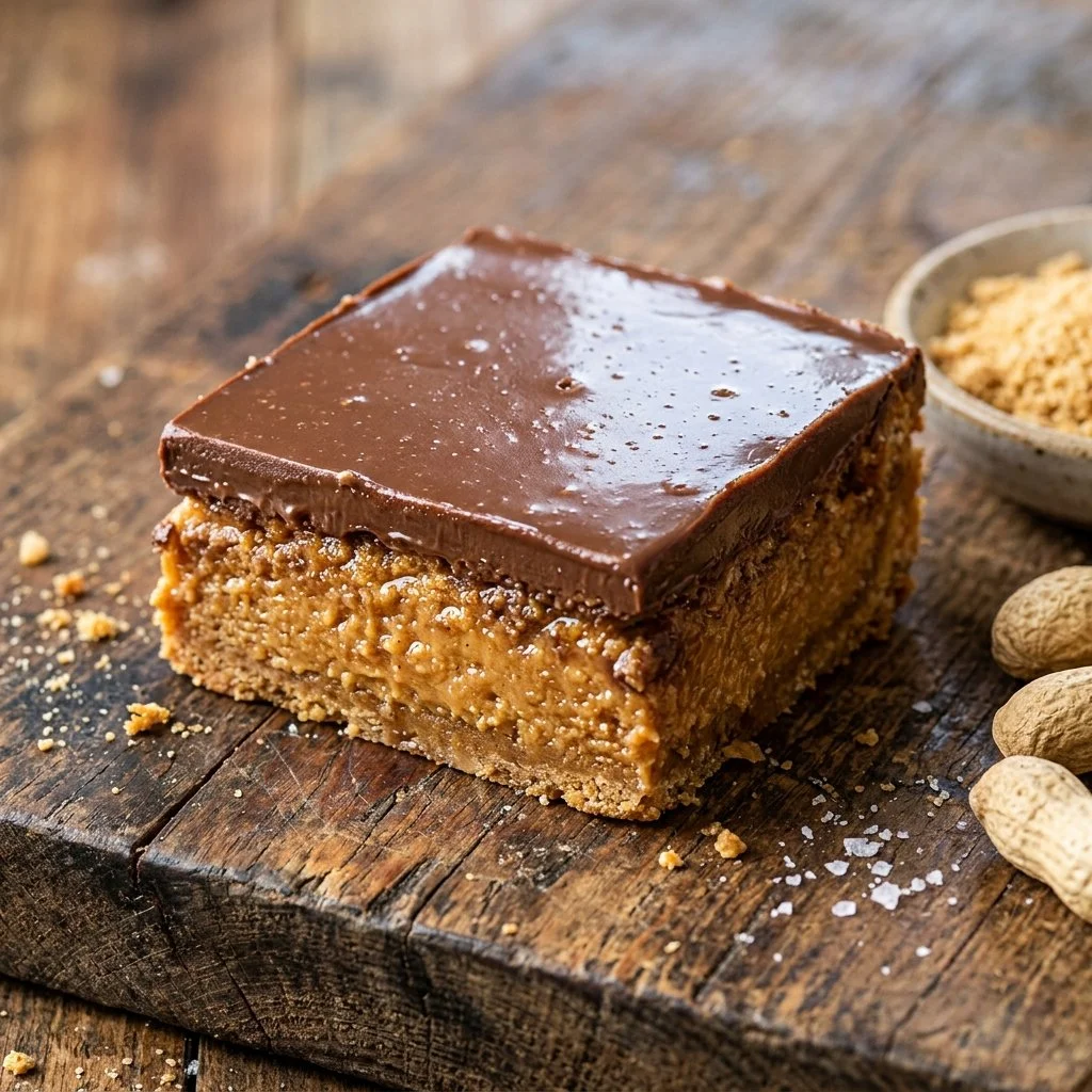 Delicious homemade Reese's peanut butter bars with chocolate topping