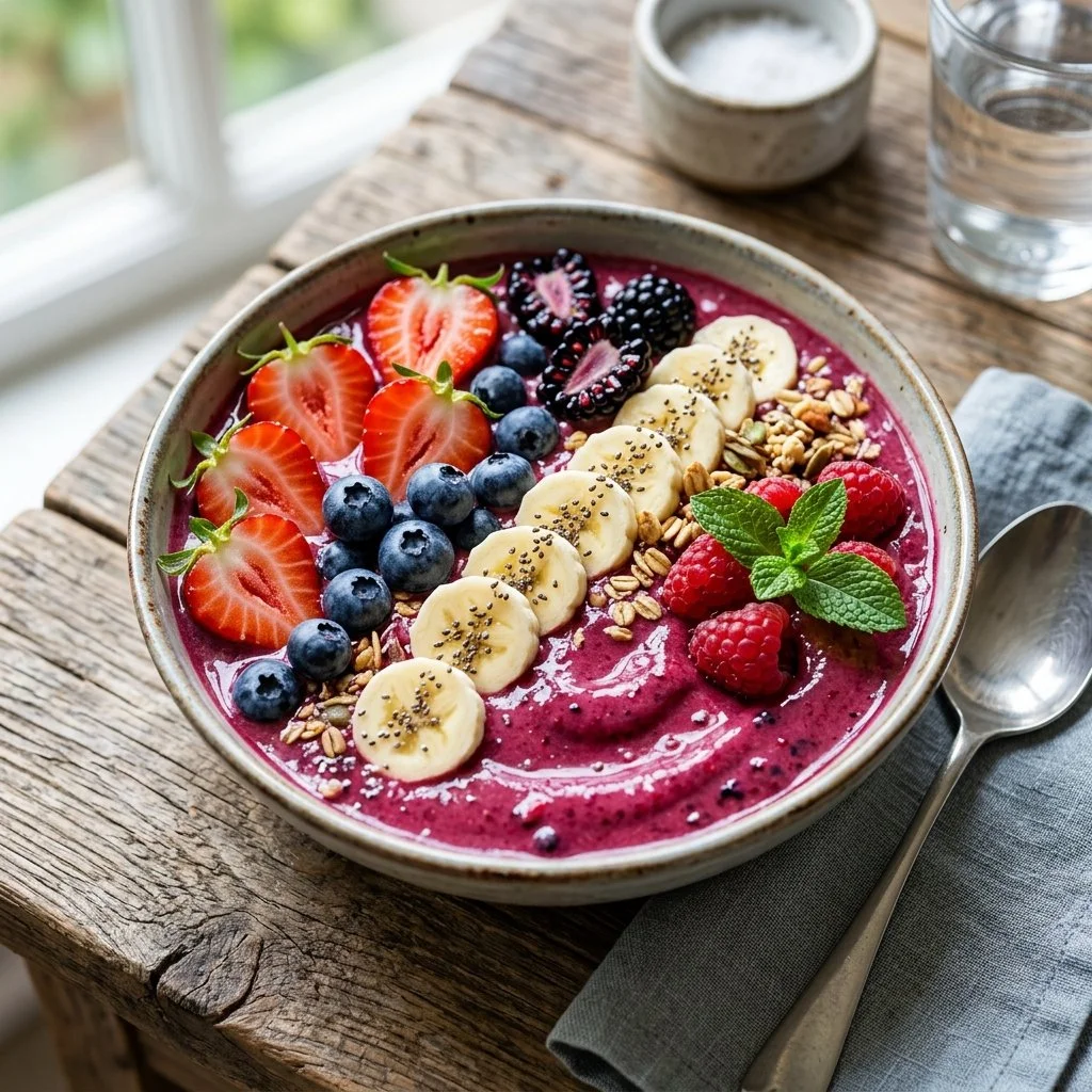 Colorful and refreshing smoothie bowls topped with fresh fruits and nuts.