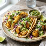Delicious roasted cauliflower tacos topped with fresh ingredients and served on tortillas.