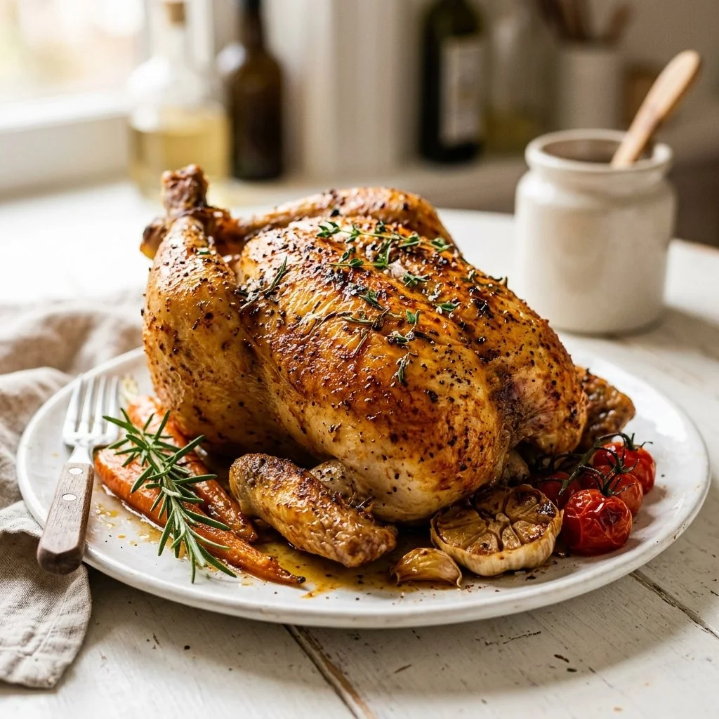 A golden-brown roasted chicken served with herbs and vegetables.