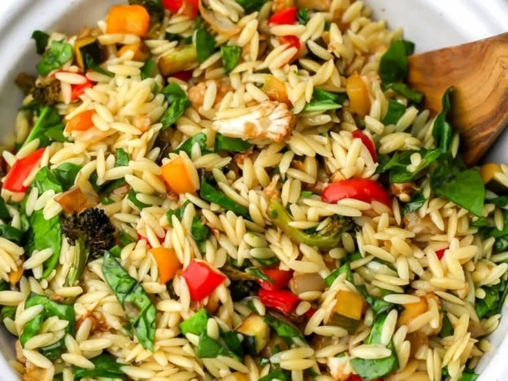 Roasted Vegetable Orzo Salad with colorful vegetables and herbs